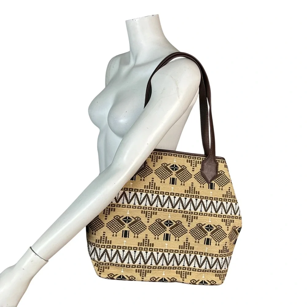 Isabella Fiore Woven Tapestry Leather Tote Bag Brown Tan Rattan Bird BOHO NEW
